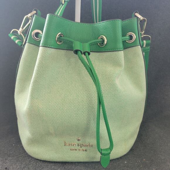 Kate Spade Green Apple Rosie Bucket Bag Pebbled Leather Canvas Crossbody Purse - Picture 1 of 12